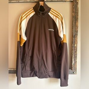 Adidas Men's Brown Bomber Jacket with Gold and White Accents